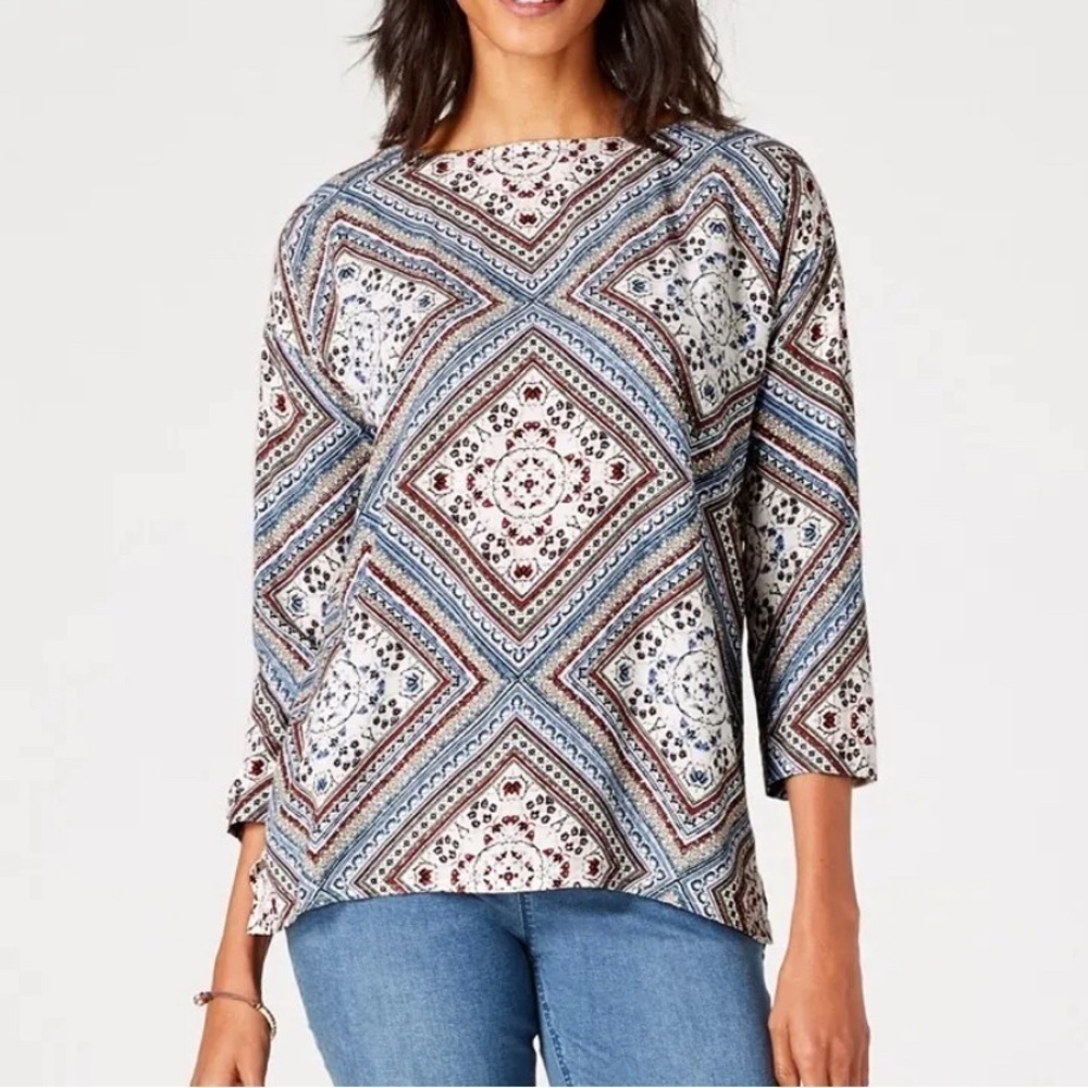 J. Jill Blouse Tunic Boatneck 3/4 Sleeves Lightweight Button Back XL Boho Summer
